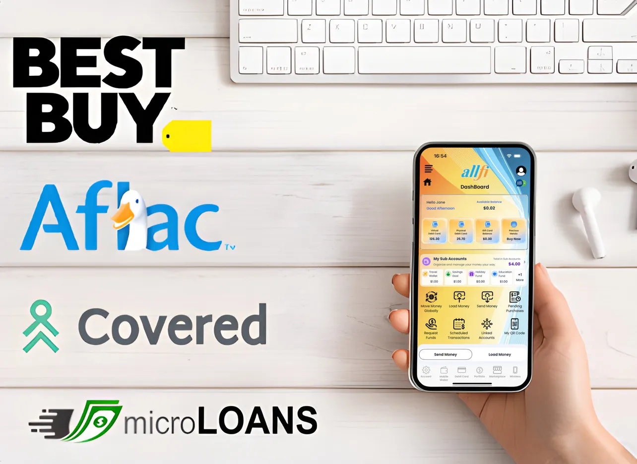 Best Buy, Aflac, Covered and microLOANS logos beside a hand holding a phone with the AllFi app Dashboard. Names and amounts are samples.