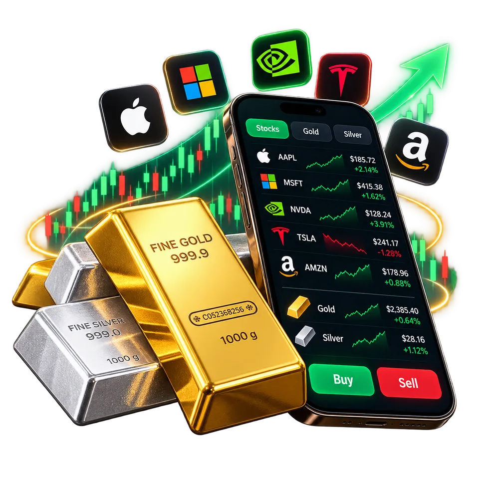 Illustration: a phone with a list of stocks, gold and silver and Buy and Sell buttons, beside gold and silver bars and the Apple, Microsoft, NVIDIA, Tesla and Amazon logos. Prices are examples.