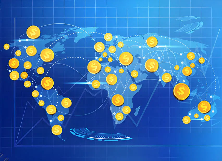 A world map covered in gold coins.